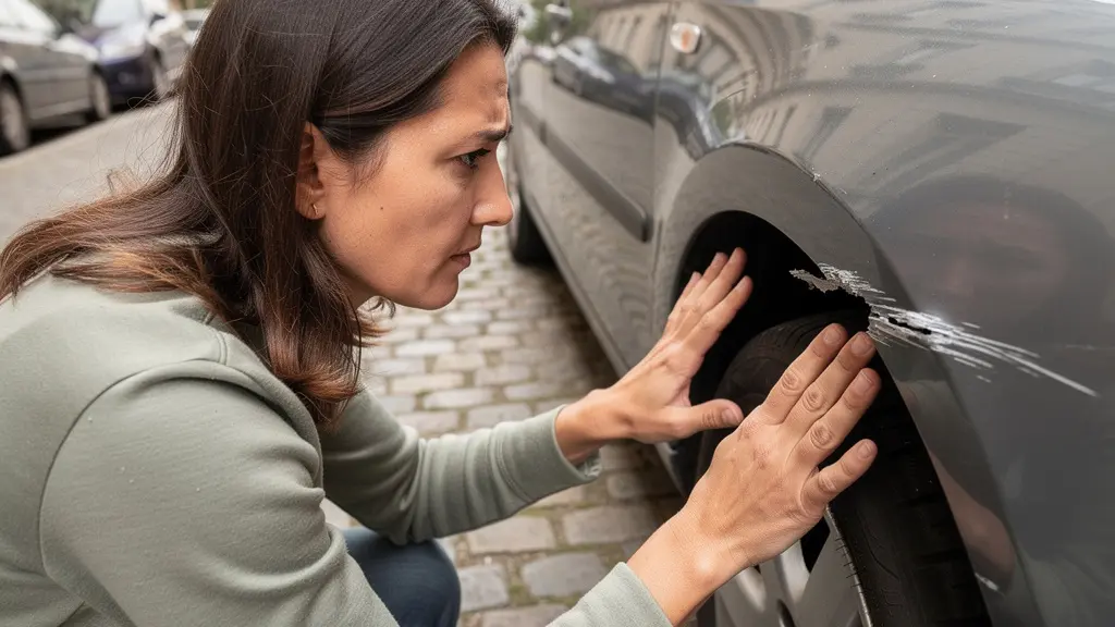 Automobiliste examinant des dégâts sur l'aile avant de son véhicule