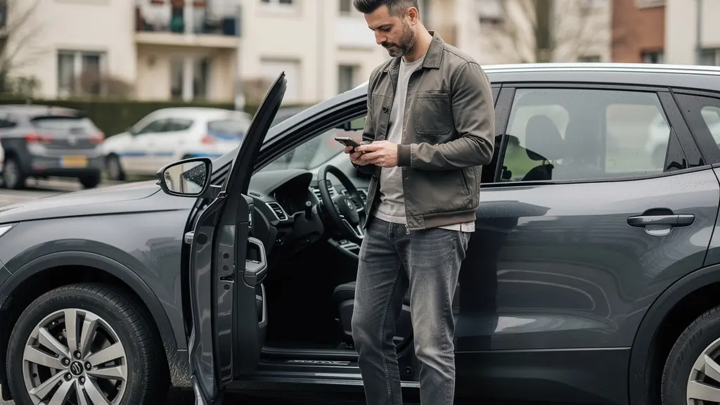 Conducteur consultant son devis assurance auto sur smartphone près de son SUV