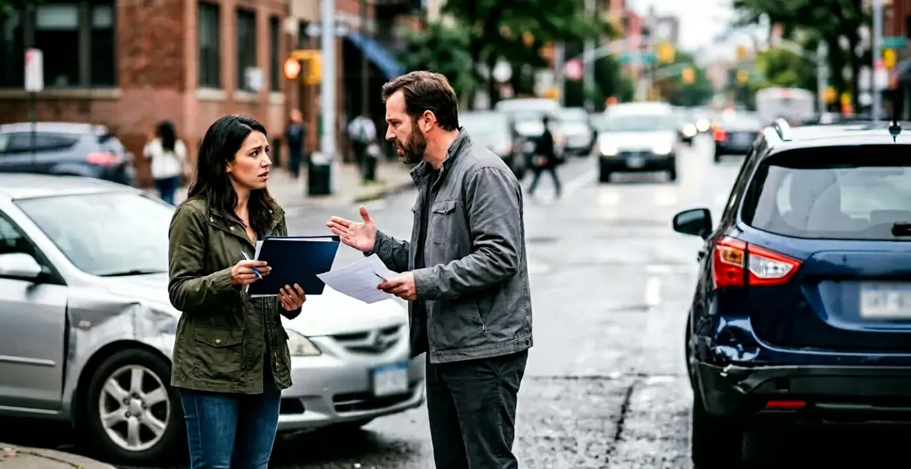 Deux conducteurs échangeant des documents après un accident de voiture, avec un dossier d'assurance en arrière-plan