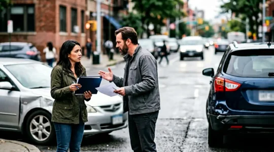 Deux conducteurs échangeant des documents après un accident de voiture, avec un dossier d'assurance en arrière-plan