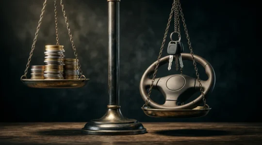 Balance symbolique entre économies et risques avec un volant et des clés de voiture