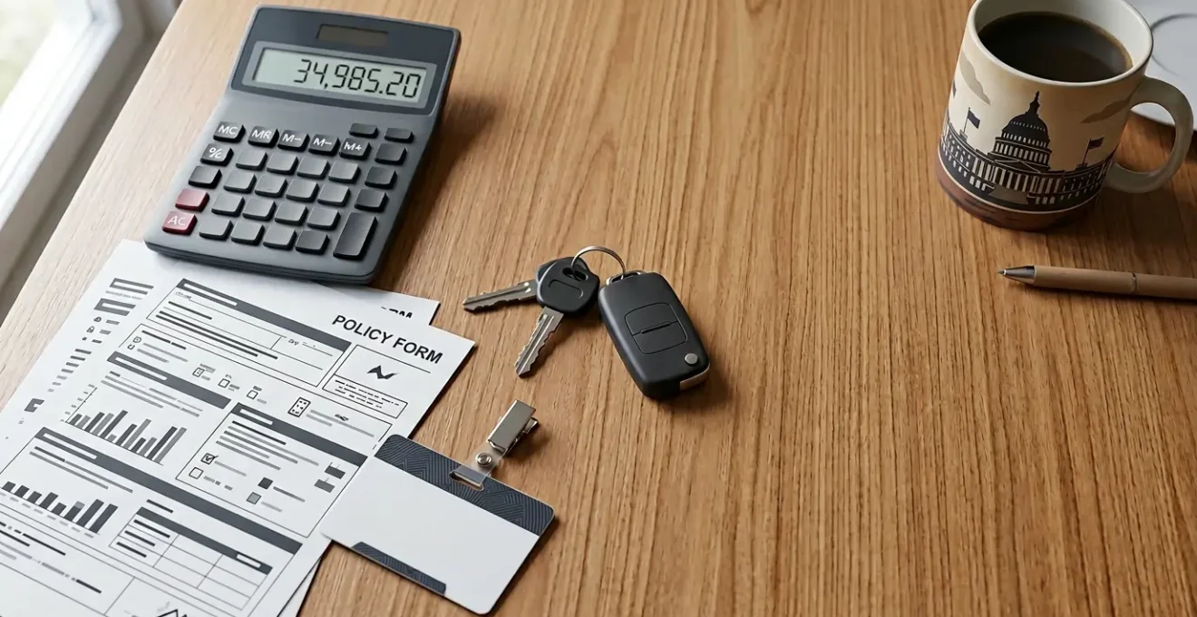 Bureau moderne avec calculatrice et documents d'assurance, carte d'agent public posée délicatement