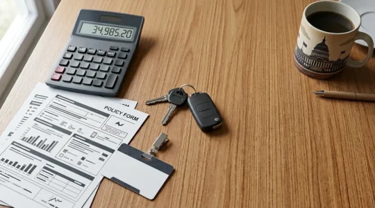 Bureau moderne avec calculatrice et documents d'assurance, carte d'agent public posée délicatement