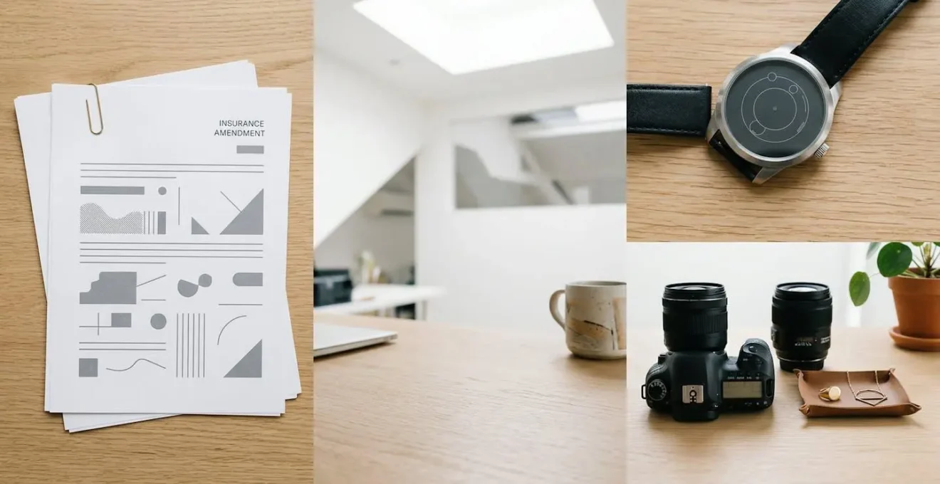 Documents d'assurance avec avenant et photos d'accessoires de valeur sur bureau