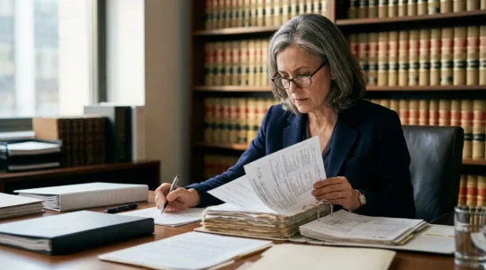 Un expert juridique analysant attentivement un dossier médical complexe dans un cabinet d'avocats moderne.