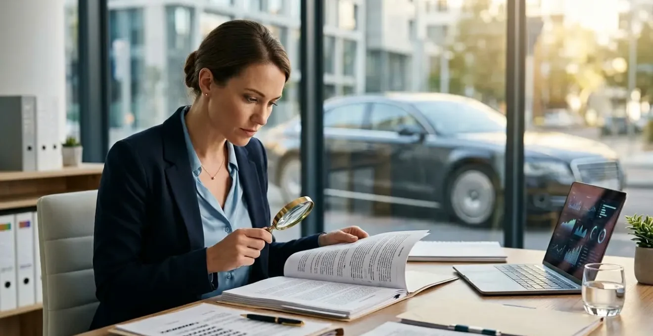 Expert en assurance examinant des documents contractuels avec une voiture moderne à l'arrière-plan