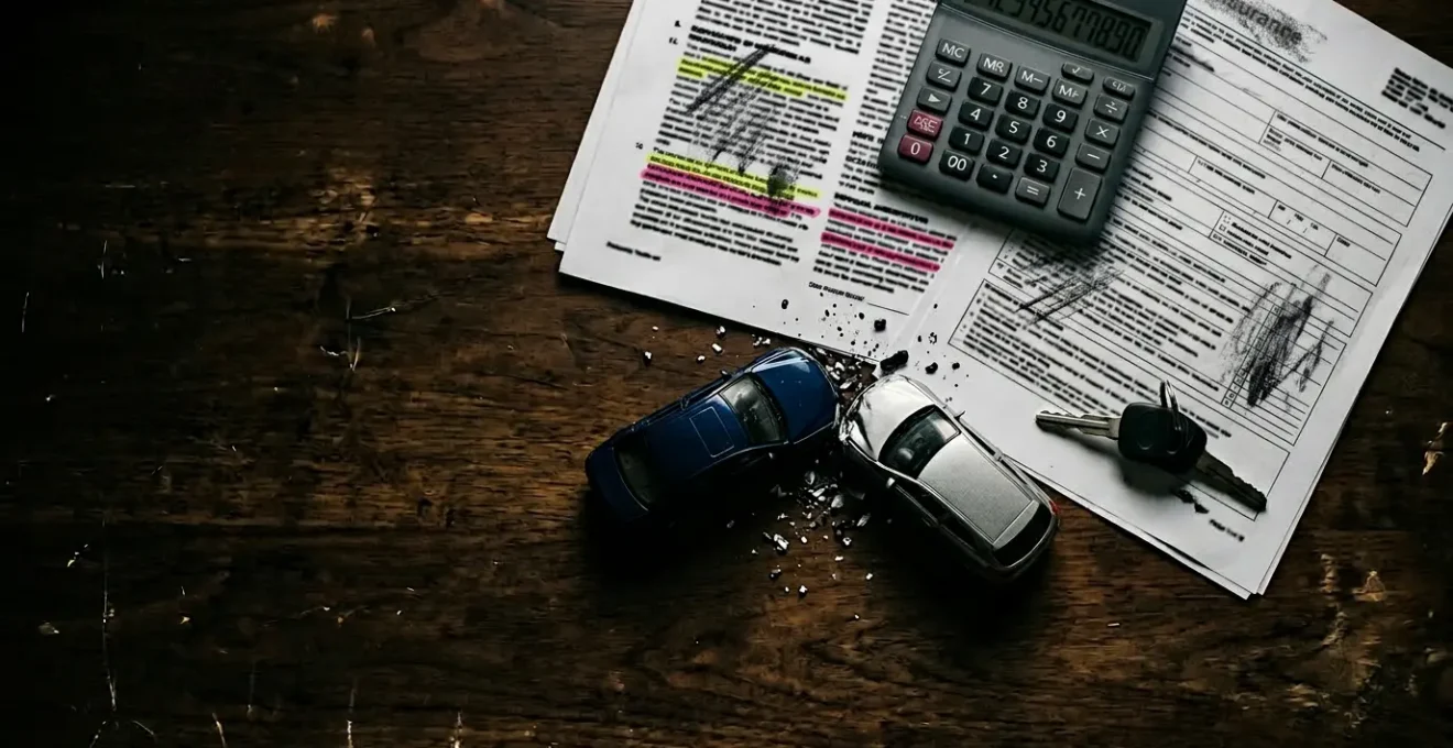 Calculatrice, contrat d'assurance et clés de voiture sur un bureau illustrant le calcul du malus après un accident responsable