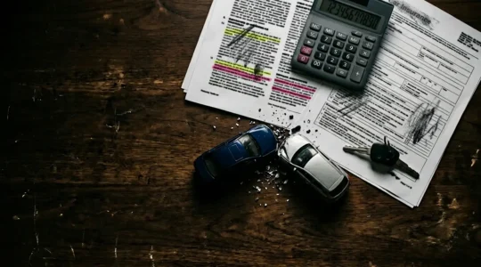 Calculatrice, contrat d'assurance et clés de voiture sur un bureau illustrant le calcul du malus après un accident responsable