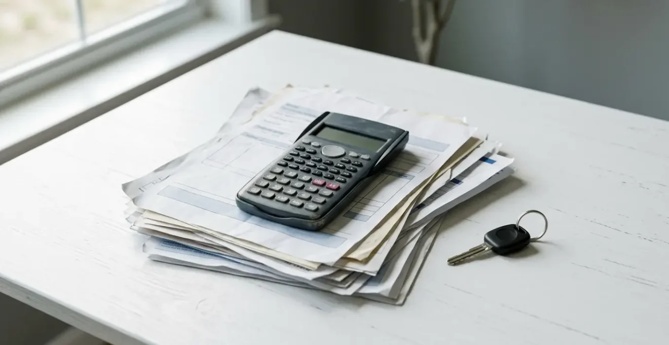 Calculatrice posée sur des factures de réparation automobile et documents d'assurance avec clés de voiture