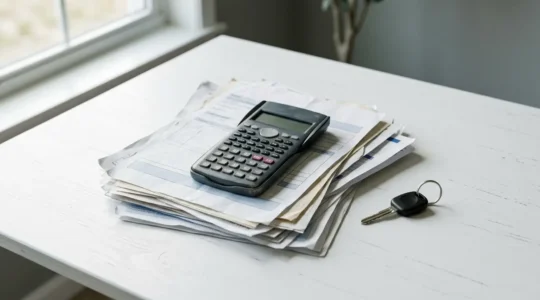 Calculatrice posée sur des factures de réparation automobile et documents d'assurance avec clés de voiture