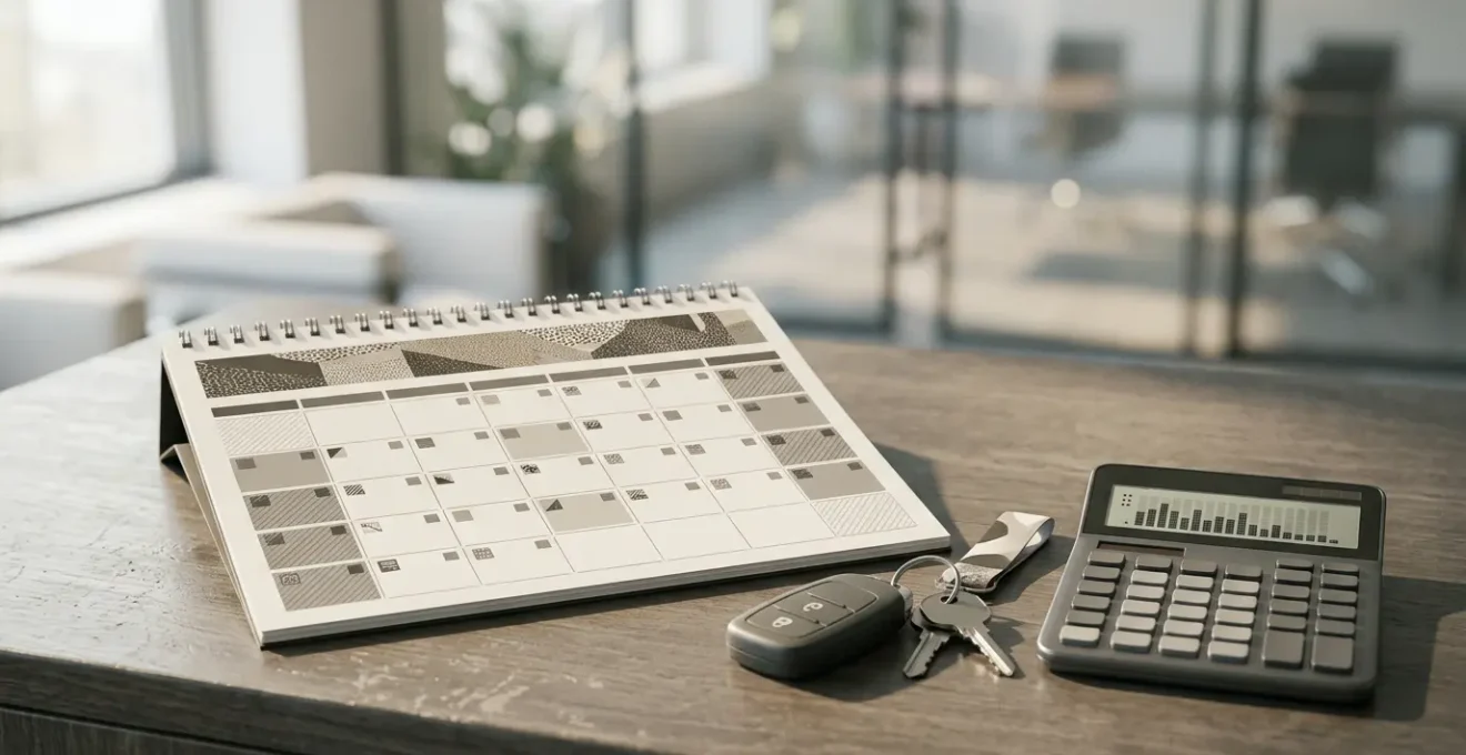 Calendrier de bureau avec clés de voiture et calculatrice, représentant la planification d'un contrat d'assurance auto
