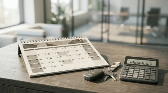 Calendrier de bureau avec clés de voiture et calculatrice, représentant la planification d'un contrat d'assurance auto