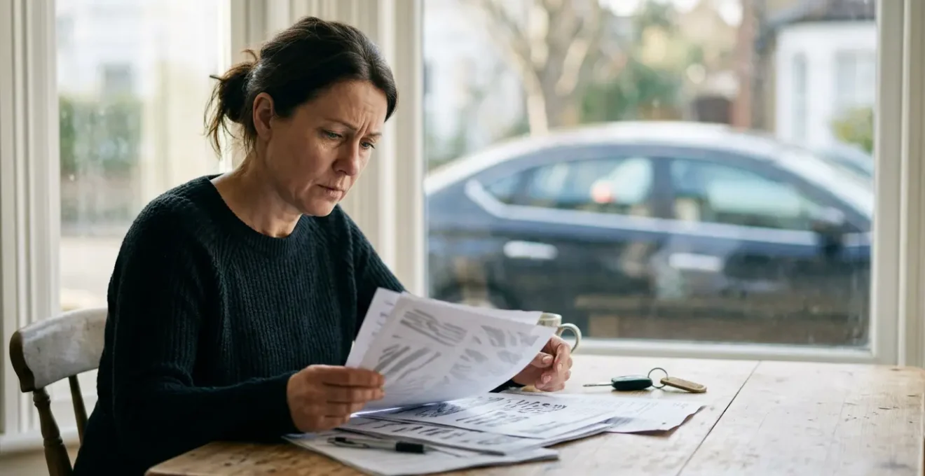 Personne face à des documents administratifs et une voiture en arrière-plan, illustrant les démarches d'assurance après condamnation