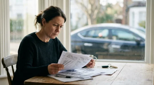 Personne face à des documents administratifs et une voiture en arrière-plan, illustrant les démarches d'assurance après condamnation