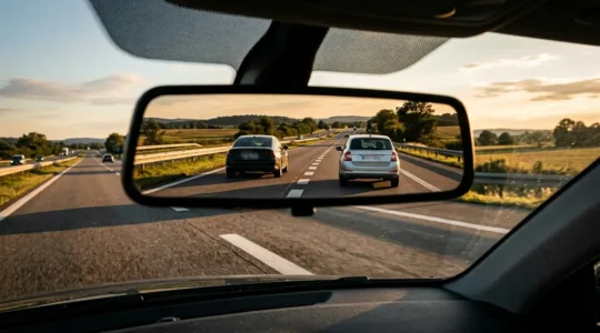 Vue arrière d'un rétroviseur montrant deux voitures sur une autoroute avec des marquages au sol indiquant la distance de sécurité