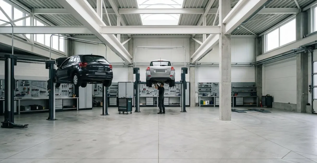 Vue large d'un garage indépendant moderne et lumineux, symbolisant le libre choix du réparateur.