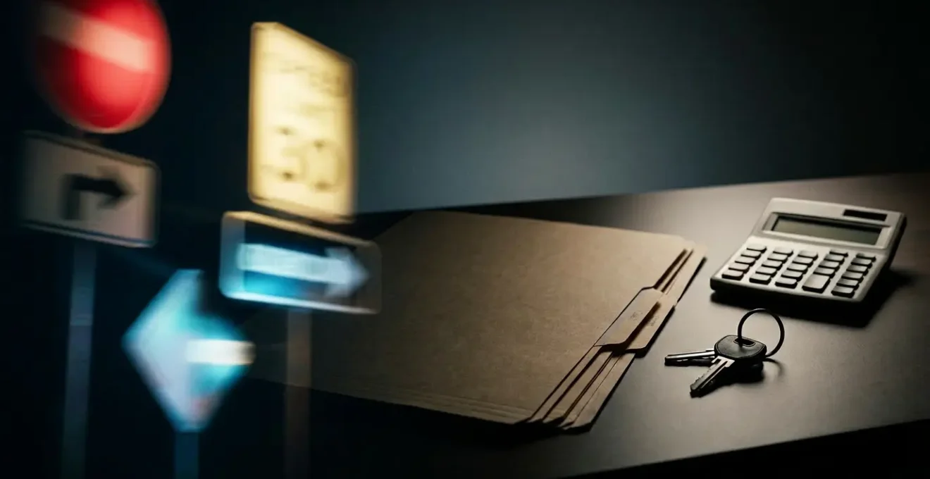 Scène représentant les conséquences des infractions routières sur l'assurance automobile avec documents administratifs et signalisation