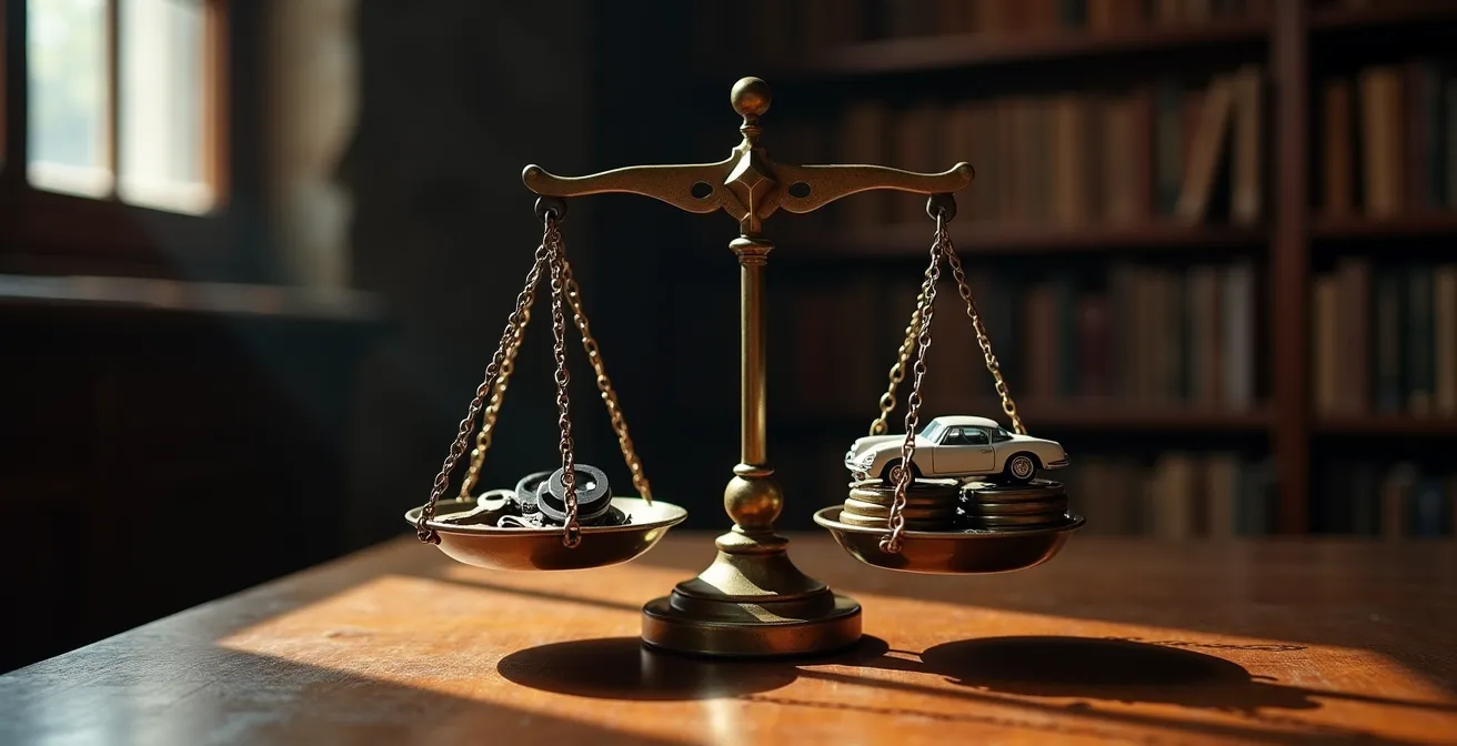 Balance symbolique pesant valeur marchande contre utilité quotidienne d'un véhicule