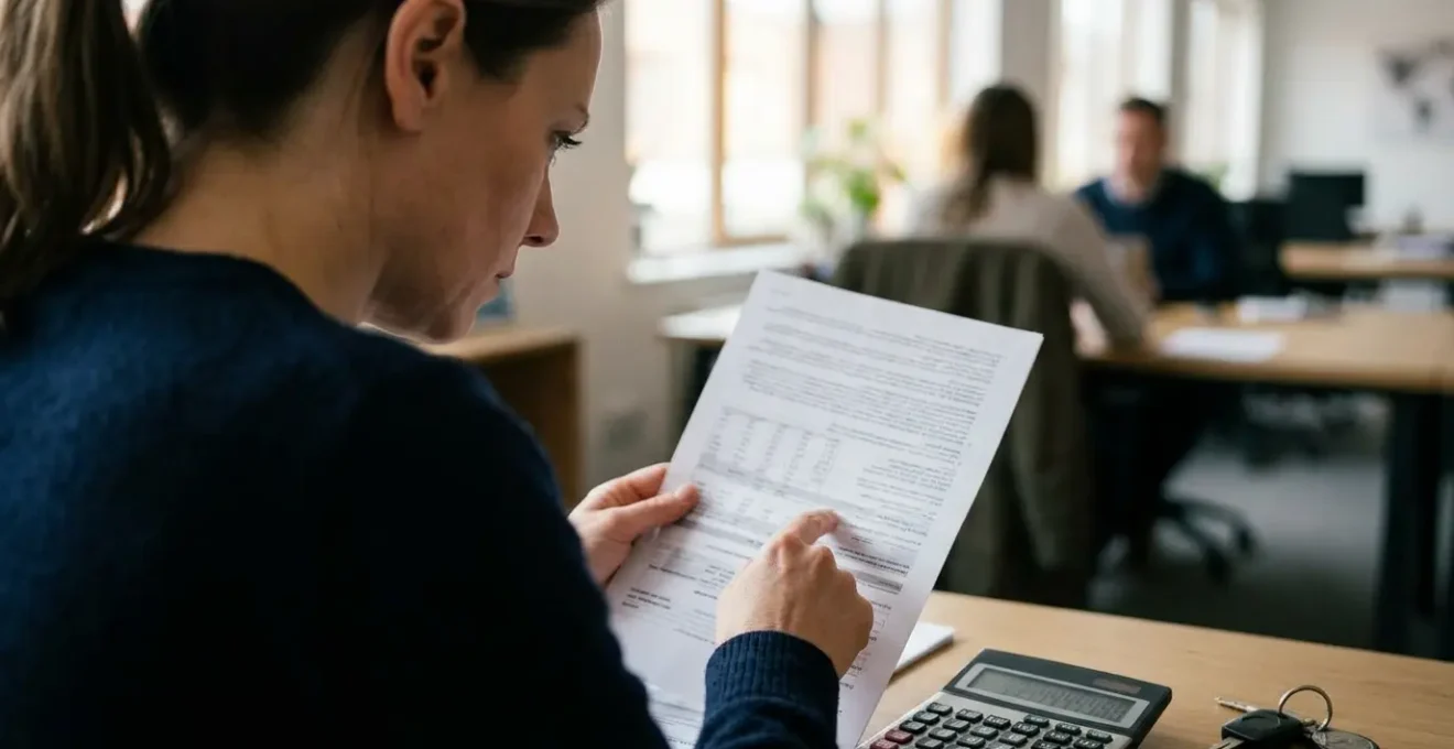 Personne analysant attentivement des documents d'assurance auto avec une franchise à la main dans un bureau moderne