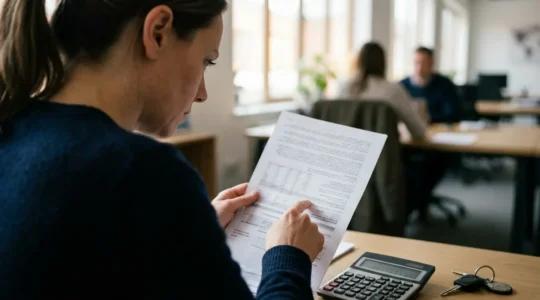Personne analysant attentivement des documents d'assurance auto avec une franchise à la main dans un bureau moderne