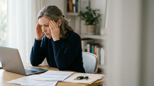 Conducteur analysant des documents administratifs avec ordinateur et papiers sur bureau