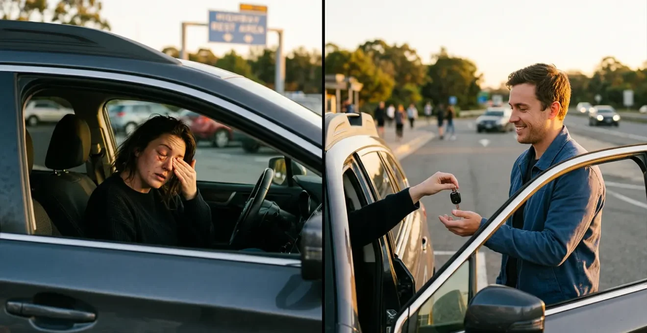Conducteur fatigué s'arrêtant sur une aire d'autoroute pour se reposer, avec un deuxième conducteur prêt à prendre le relais