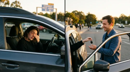 Conducteur fatigué s'arrêtant sur une aire d'autoroute pour se reposer, avec un deuxième conducteur prêt à prendre le relais