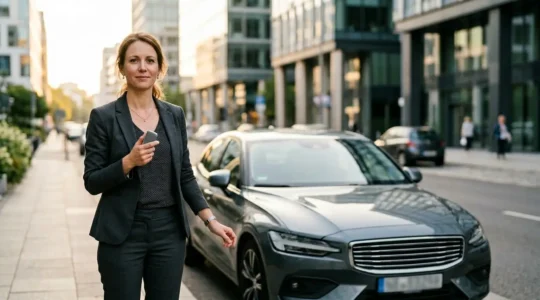 Conducteur devant un véhicule avec clés en main dans un environnement urbain lumineux symbolisant le retour à la conduite