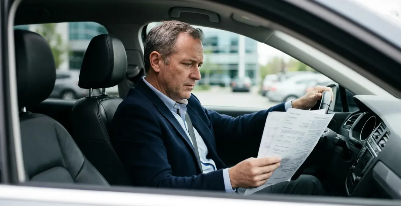 Conducteur professionnel examinant des documents d'assurance dans sa voiture près d'un bureau