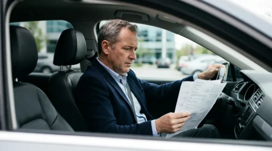 Conducteur professionnel examinant des documents d'assurance dans sa voiture près d'un bureau