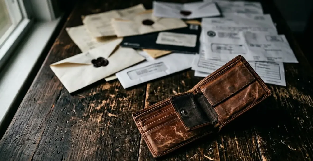 Vue dramatique d'un portefeuille vide avec des documents juridiques flous en arrière-plan symbolisant l'endettement à vie suite à un accident sans permis