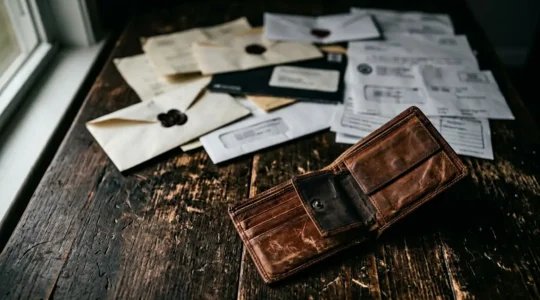 Vue dramatique d'un portefeuille vide avec des documents juridiques flous en arrière-plan symbolisant l'endettement à vie suite à un accident sans permis