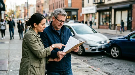 Deux conducteurs remplissant un constat amiable après un accident automobile