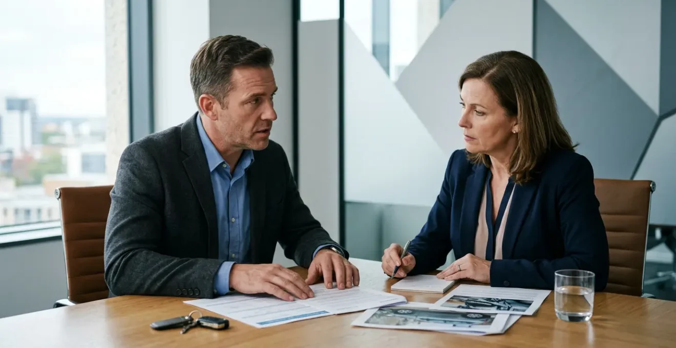 Expert automobile examinant des documents avec propriétaire de véhicule dans un environnement professionnel