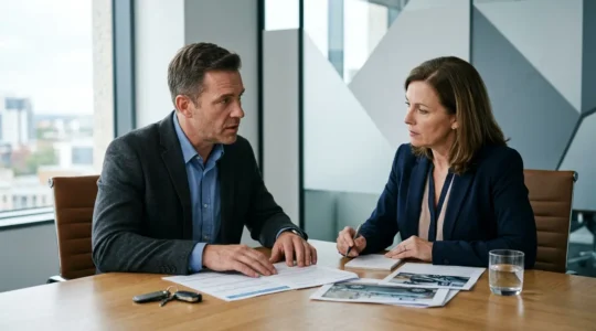 Expert automobile examinant des documents avec propriétaire de véhicule dans un environnement professionnel