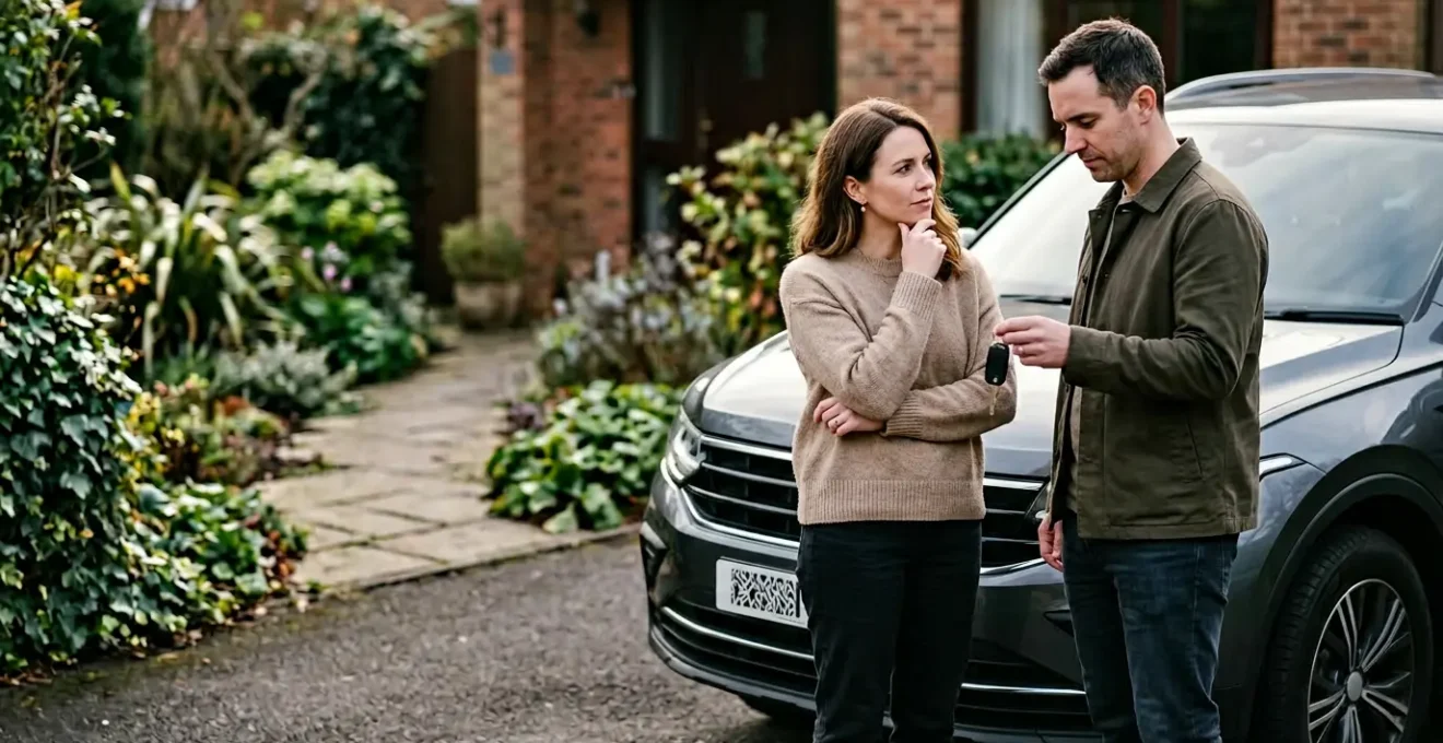 Couple réfléchissant devant leur voiture avec des clés dans la main, évoquant le dilemme du prêt de véhicule