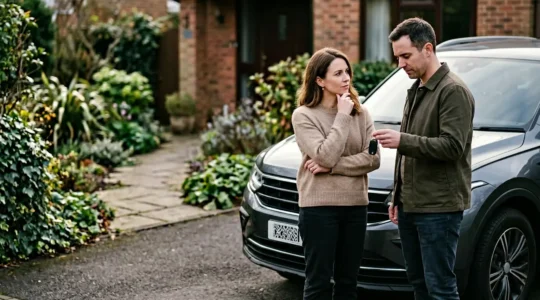 Couple réfléchissant devant leur voiture avec des clés dans la main, évoquant le dilemme du prêt de véhicule