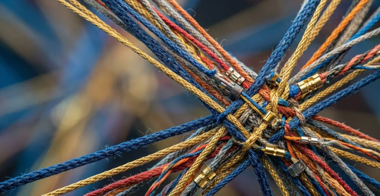 Vue macro de fils interconnectés formant un réseau complexe