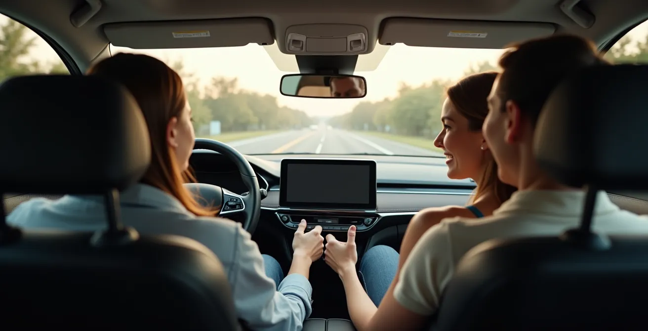 Intérieur de voiture avec plusieurs passagers vus de dos