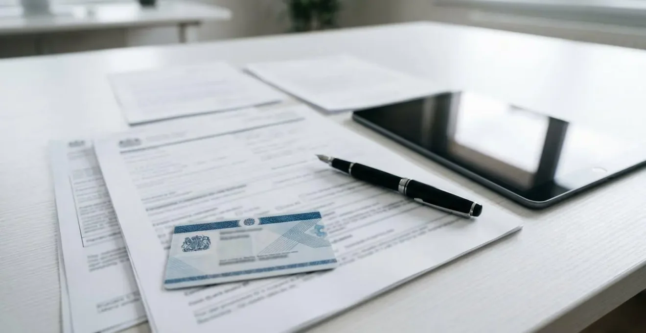 Vue de dessus d'un bureau avec documents administratifs floutés et carte professionnelle retournée