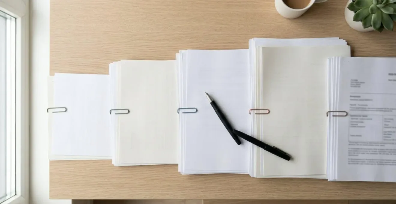 Bureau organisé avec documents classés chronologiquement et timeline visuelle