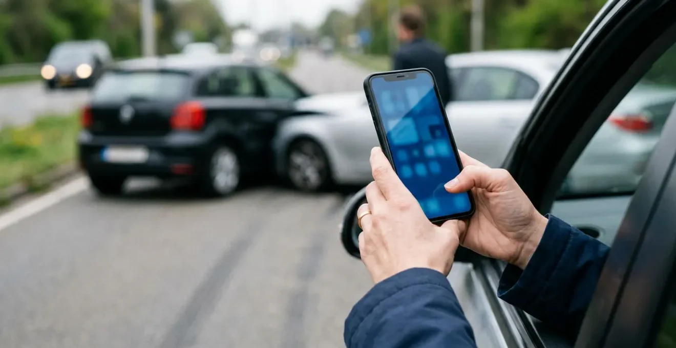 Conducteur utilisant l'application e-constat sur smartphone après un accident