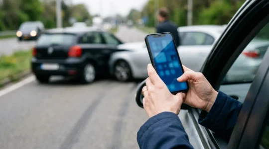Conducteur utilisant l'application e-constat sur smartphone après un accident