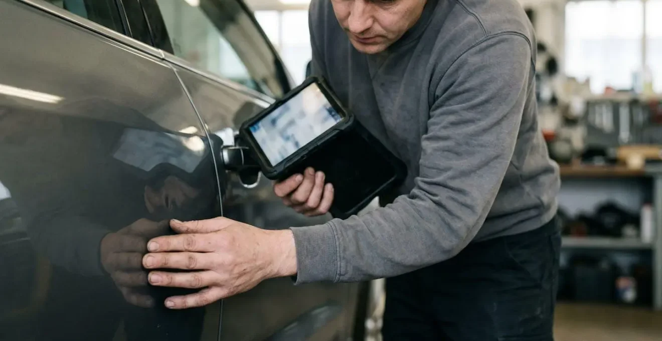 Technicien examinant une carrosserie avec une tablette numérique pour estimer les réparations.