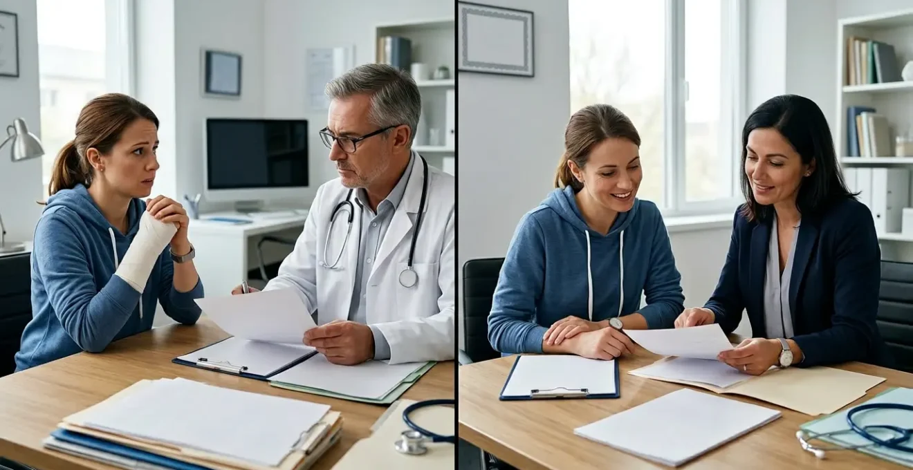 Expertise médicale contradictoire après accident automobile avec médecin et victime dans un cabinet médical moderne