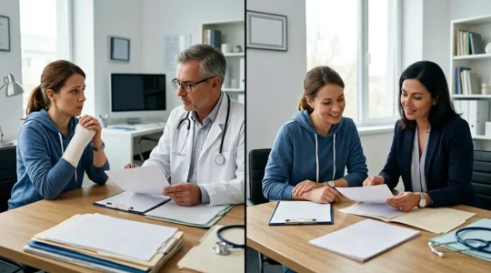 Expertise médicale contradictoire après accident automobile avec médecin et victime dans un cabinet médical moderne