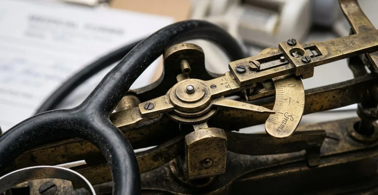 Balance médicale symbolique avec stéthoscope et documents d'expertise