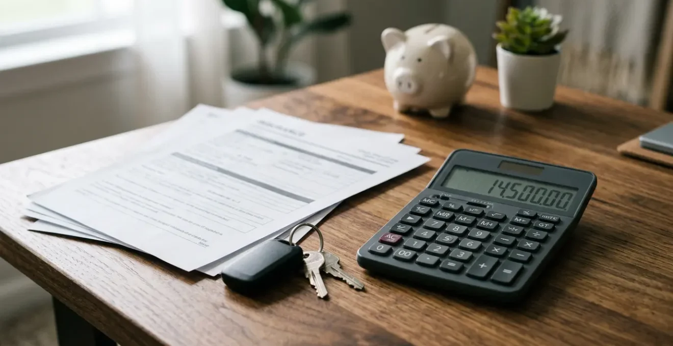 Calculatrice moderne avec documents d'assurance et clés de voiture sur bureau en bois