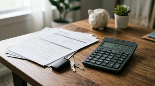 Calculatrice moderne avec documents d'assurance et clés de voiture sur bureau en bois
