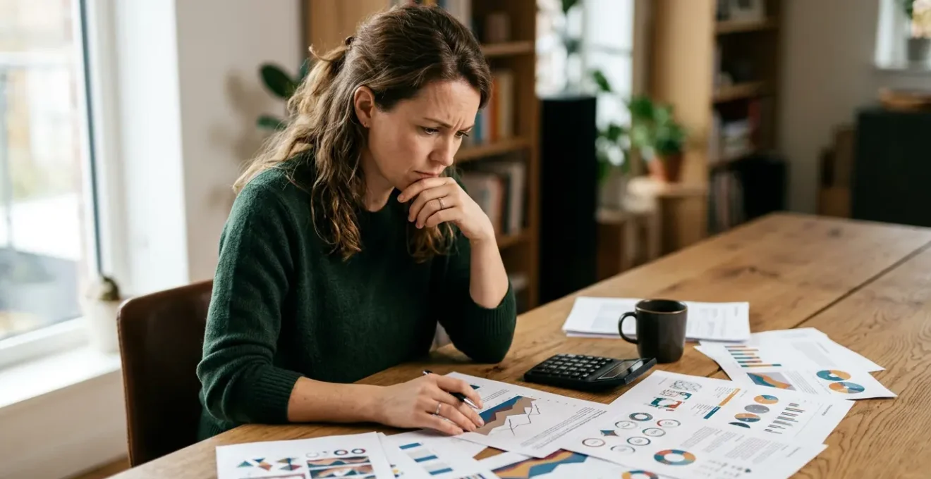 Conducteur analysant des documents d'assurance avec calculatrice et papiers administratifs sur un bureau